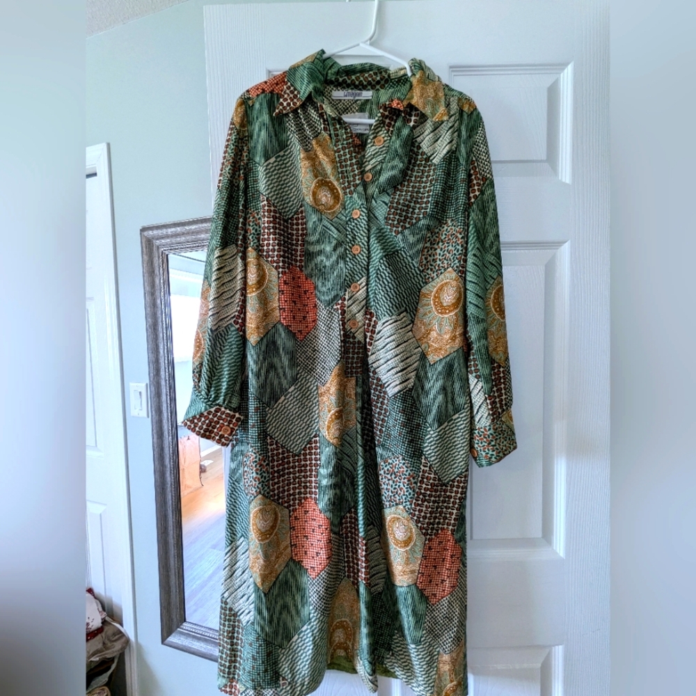 1960s Nat Kaplan Green and Orange Patterned Long Sleeve Dress